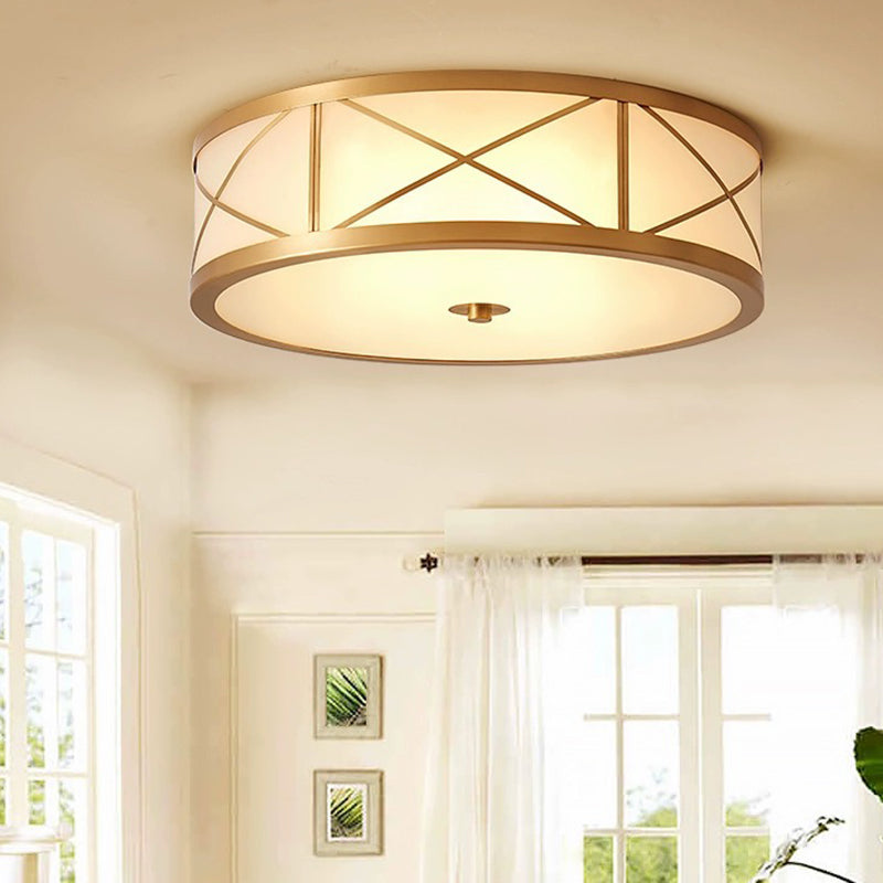 Plafonnier traditionnel rustique rond en verre droit vieilli cuivre 3/4 lumières pour salon 