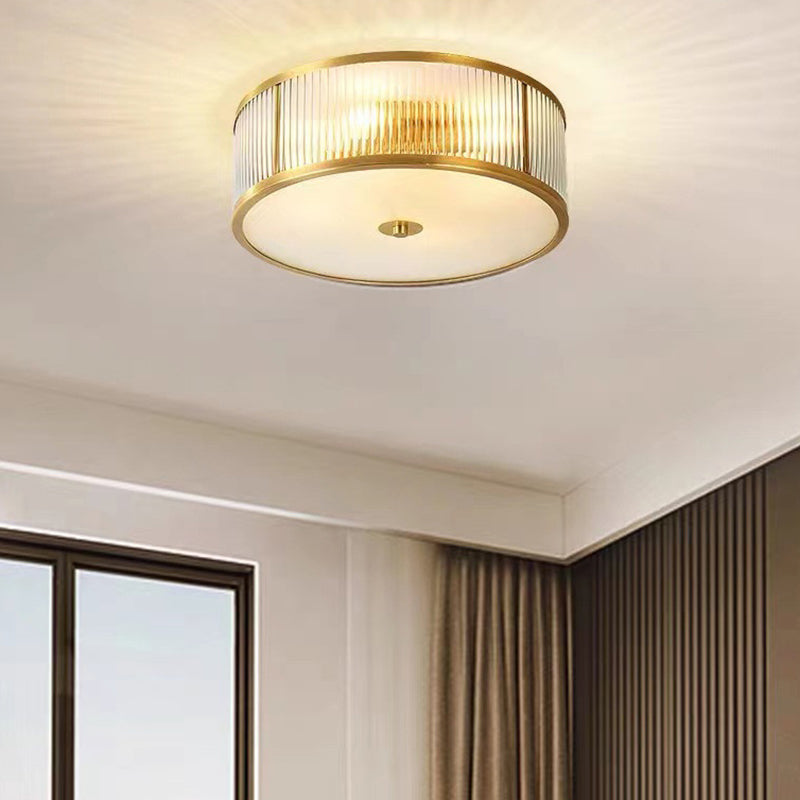 Plafonnier traditionnel rustique rond en verre droit vieilli cuivre 3/4 lumières pour salon 