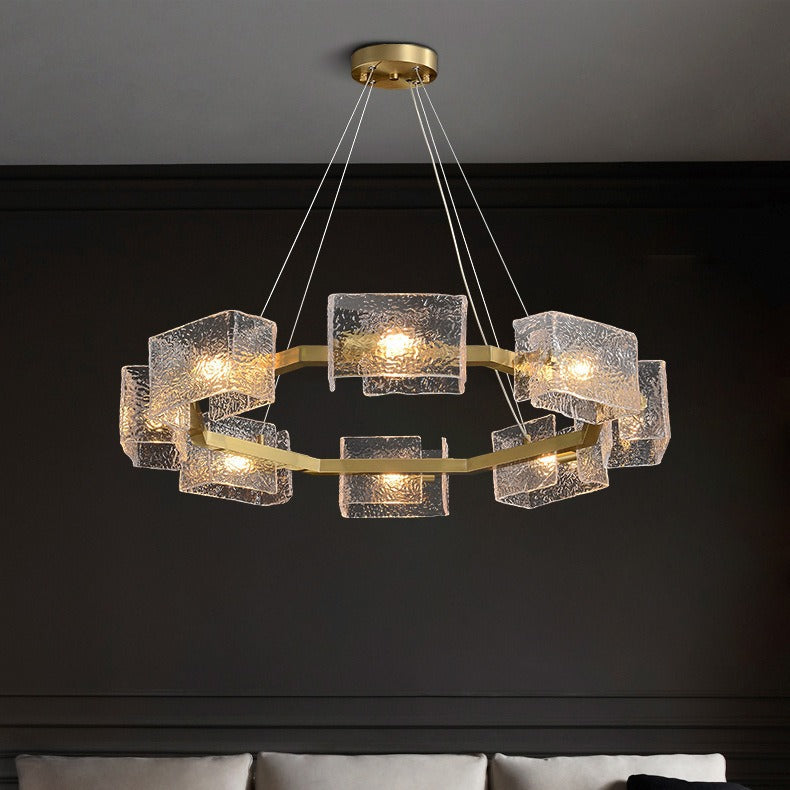 Modern Luxury Round Square Frame Long Glass Iron 4/6/8/10 Light Chandelier Island Light For Living Room
