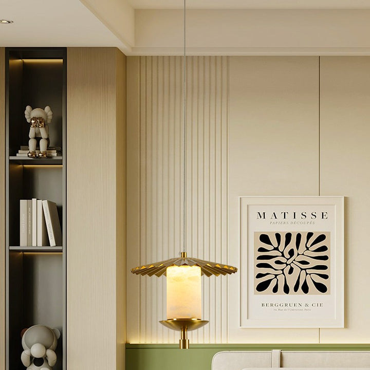 Lustre suspendu à LED en cuivre avec cylindre de luxe moderne en marbre naturel pour salon 