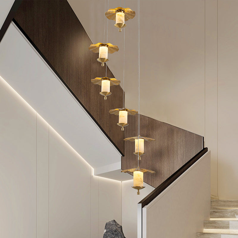 Lustre suspendu à LED en cuivre avec cylindre de luxe moderne en marbre naturel pour salon 