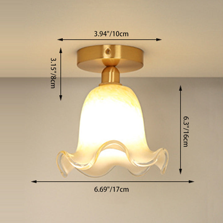 Luz de techo semiempotrada de 1 luz de cobre y vidrio redondo floral tradicional francés para sala de estar 