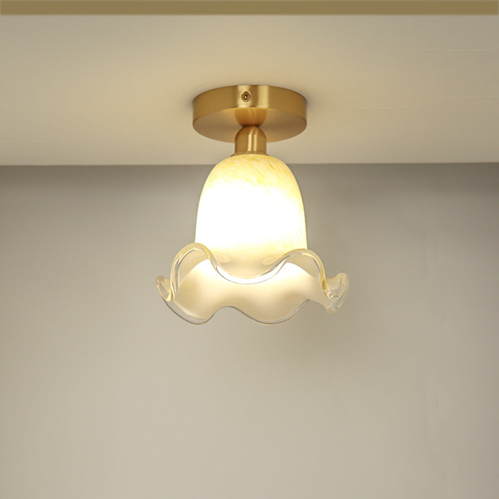 Traditionelle französische florale runde Glas-Kupfer-Deckenleuchte mit einer Lichtquelle für das Wohnzimmer 