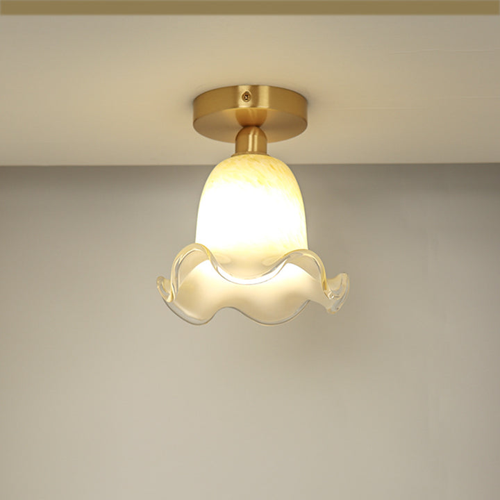 Luz de techo semiempotrada de 1 luz de cobre y vidrio redondo floral tradicional francés para sala de estar 