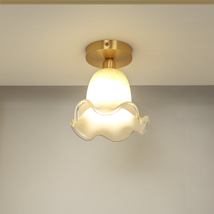Luz de techo semiempotrada de 1 luz de cobre y vidrio redondo floral tradicional francés para sala de estar 