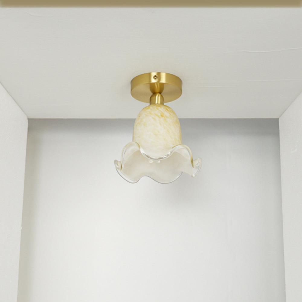 Traditionelle französische florale runde Glas-Kupfer-Deckenleuchte mit einer Lichtquelle für das Wohnzimmer 