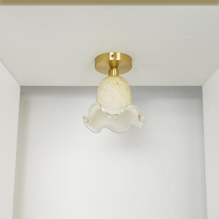 Traditionelle französische florale runde Glas-Kupfer-Deckenleuchte mit einer Lichtquelle für das Wohnzimmer 