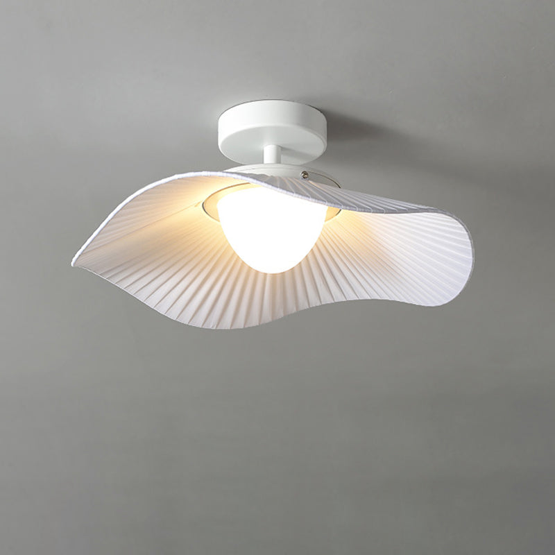Traditional French Cream Ruffle Shape Fabric Iron LED Semi-Flush Mount Ceiling Light For Living Room