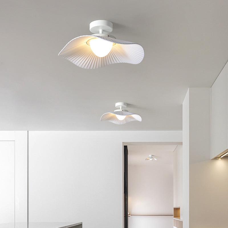 Traditional French Cream Ruffle Shape Fabric Iron LED Semi-Flush Mount Ceiling Light For Living Room