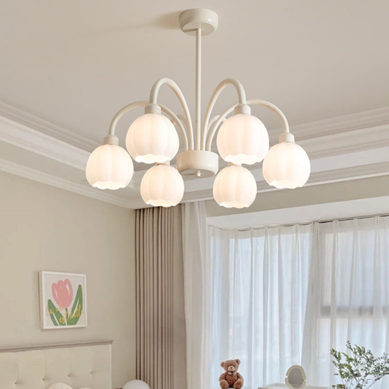 Contemporary Scandinavian Cream Pod Flower Branch Glass Iron 6/8 Light Chandelier For Living Room