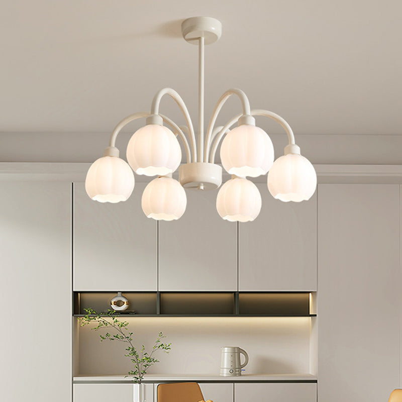 Zeitgenössischer skandinavischer Creme-Pod-Blumenzweig-Glas-Eisen 6/8 Licht-Kronleuchter für das Wohnzimmer 