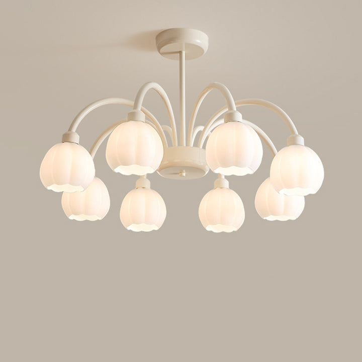 Zeitgenössischer skandinavischer Creme-Pod-Blumenzweig-Glas-Eisen 6/8 Licht-Kronleuchter für das Wohnzimmer 