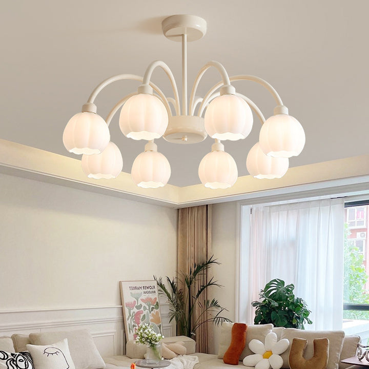 Zeitgenössischer skandinavischer Creme-Pod-Blumenzweig-Glas-Eisen 6/8 Licht-Kronleuchter für das Wohnzimmer 