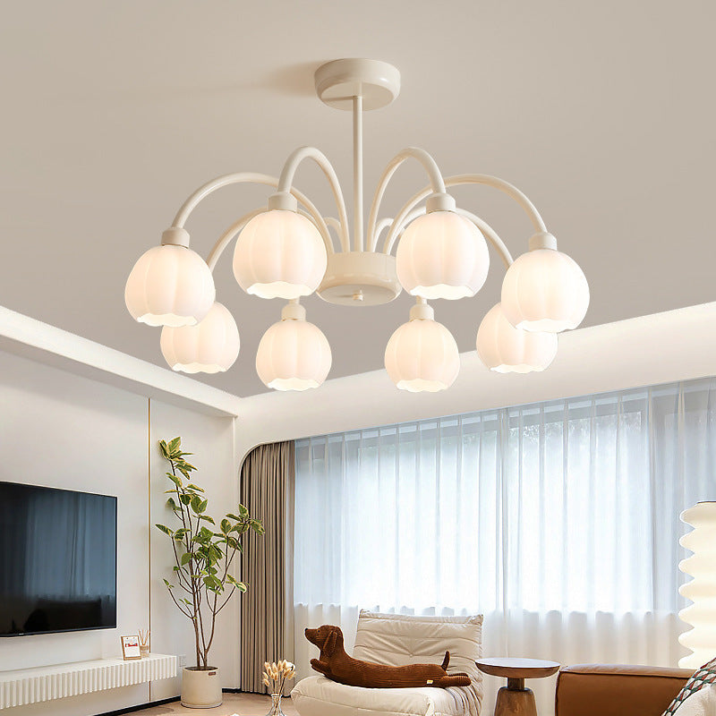 Zeitgenössischer skandinavischer Creme-Pod-Blumenzweig-Glas-Eisen 6/8 Licht-Kronleuchter für das Wohnzimmer 