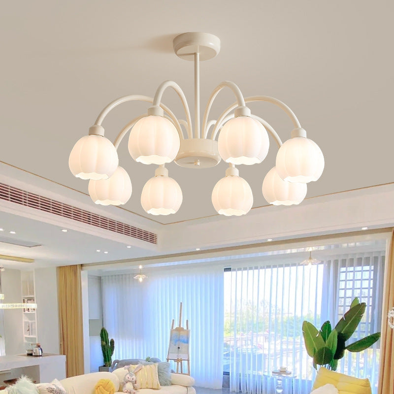Zeitgenössischer skandinavischer Creme-Pod-Blumenzweig-Glas-Eisen 6/8 Licht-Kronleuchter für das Wohnzimmer 