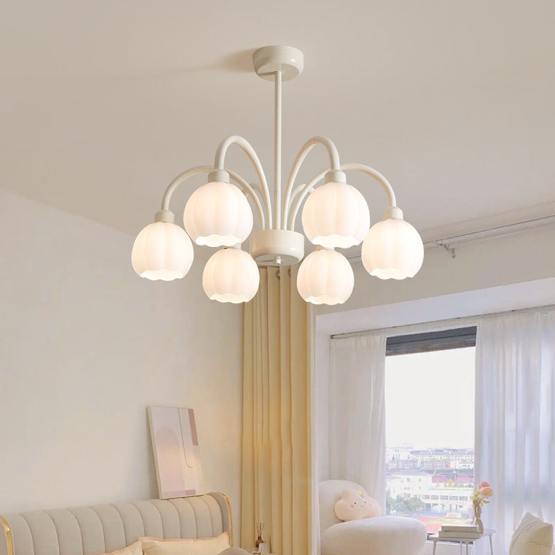 Zeitgenössischer skandinavischer Creme-Pod-Blumenzweig-Glas-Eisen 6/8 Licht-Kronleuchter für das Wohnzimmer 
