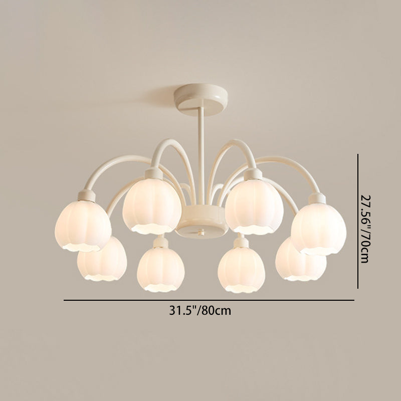 Contemporary Scandinavian Cream Pod Flower Branch Glass Iron 6/8 Light Chandelier For Living Room