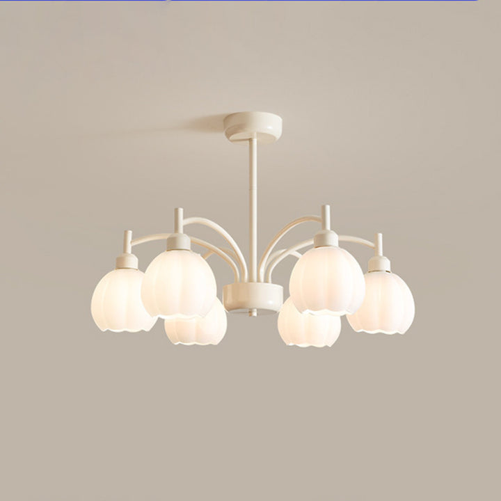Zeitgenössischer skandinavischer Creme-Pod-Blumenzweig-Glas-Eisen 6/8 Licht-Kronleuchter für das Wohnzimmer 