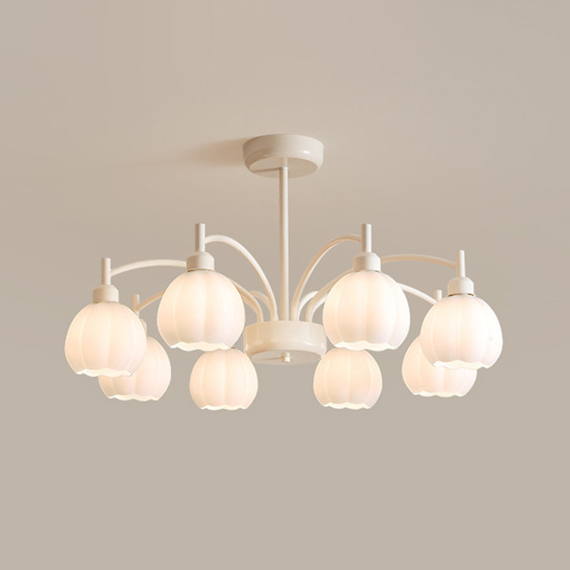 Zeitgenössischer skandinavischer Creme-Pod-Blumenzweig-Glas-Eisen 6/8 Licht-Kronleuchter für das Wohnzimmer 