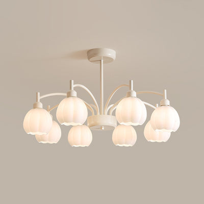 Contemporary Scandinavian Cream Pod Flower Branch Glass Iron 6/8 Light Chandelier For Living Room