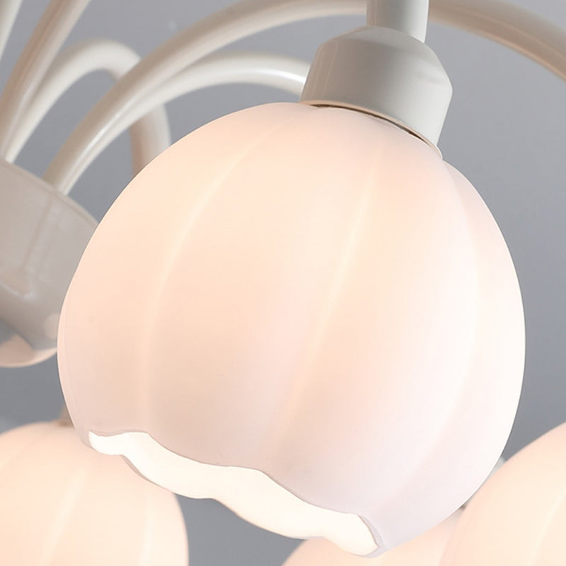Zeitgenössischer skandinavischer Creme-Pod-Blumenzweig-Glas-Eisen 6/8 Licht-Kronleuchter für das Wohnzimmer 