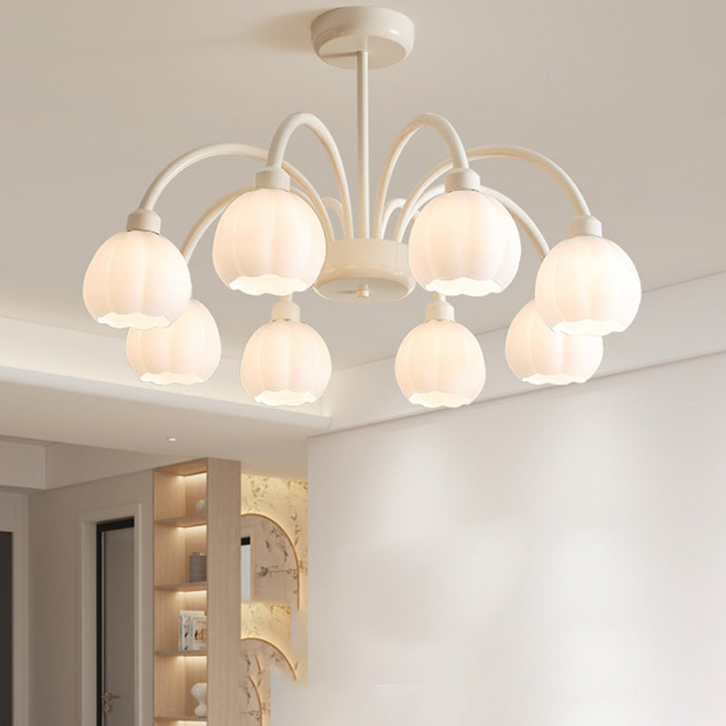 Zeitgenössischer skandinavischer Creme-Pod-Blumenzweig-Glas-Eisen 6/8 Licht-Kronleuchter für das Wohnzimmer 