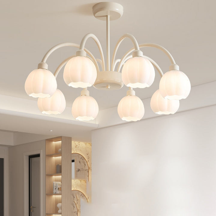 Zeitgenössischer skandinavischer Creme-Pod-Blumenzweig-Glas-Eisen 6/8 Licht-Kronleuchter für das Wohnzimmer 