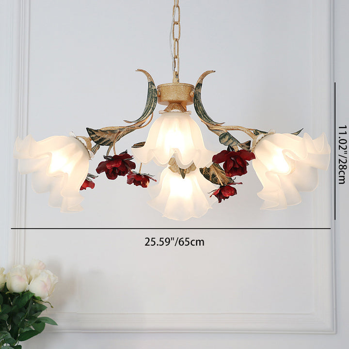 Traditional French Rose Flower Leaf Glass Iron 4/6/9 Light Chandelier For Living Room
