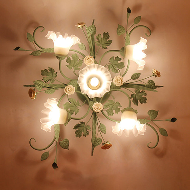 Traditional Rustic Leaf Floral Branch Glass Ceramic Iron 1/4/5/6/9 Light Semi-Flush Mount Ceiling Light For Living Room