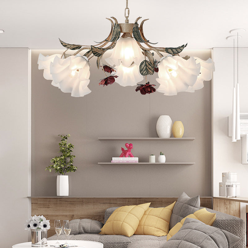 Traditionelle französische Rose Blume Blatt Glas Eisen 4/6/9 Licht Kronleuchter für Wohnzimmer 