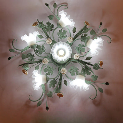 Traditional Rustic Leaf Floral Branch Glass Ceramic Iron 1/4/5/6/9 Light Semi-Flush Mount Ceiling Light For Living Room