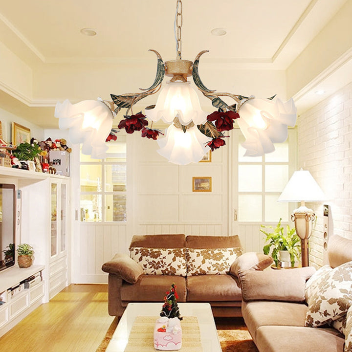Traditional French Rose Flower Leaf Glass Iron 4/6/9 Light Chandelier For Living Room