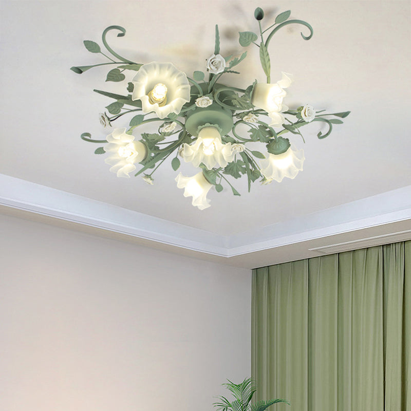 Traditional Rustic Leaf Floral Branch Glass Ceramic Iron 1/4/5/6/9 Light Semi-Flush Mount Ceiling Light For Living Room