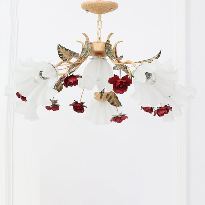 Traditionelle französische Rose Blume Blatt Glas Eisen 4/6/9 Licht Kronleuchter für Wohnzimmer 