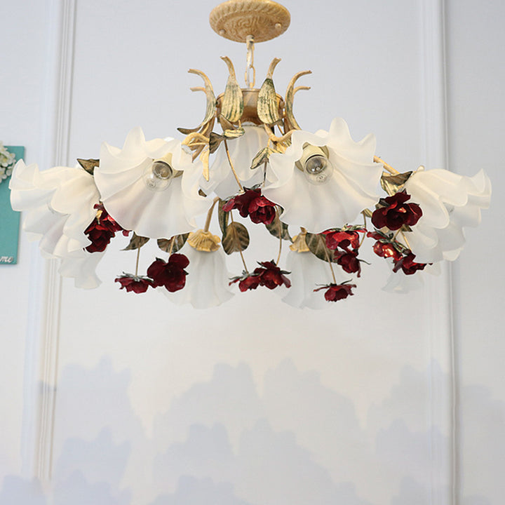 Traditionelle französische Rose Blume Blatt Glas Eisen 4/6/9 Licht Kronleuchter für Wohnzimmer 
