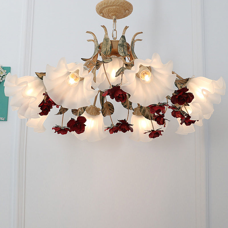 Traditionelle französische Rose Blume Blatt Glas Eisen 4/6/9 Licht Kronleuchter für Wohnzimmer 