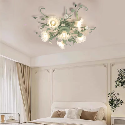 Traditional Rustic Leaf Floral Branch Glass Ceramic Iron 1/4/5/6/9 Light Semi-Flush Mount Ceiling Light For Living Room