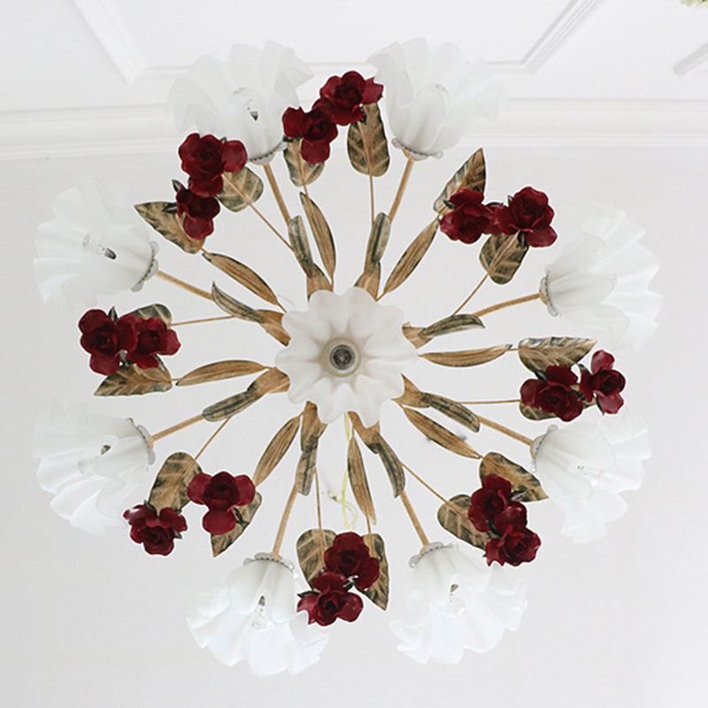 Traditionelle französische Rose Blume Blatt Glas Eisen 4/6/9 Licht Kronleuchter für Wohnzimmer 