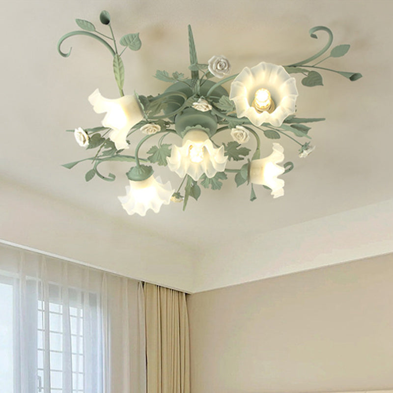 Traditional Rustic Leaf Floral Branch Glass Ceramic Iron 1/4/5/6/9 Light Semi-Flush Mount Ceiling Light For Living Room
