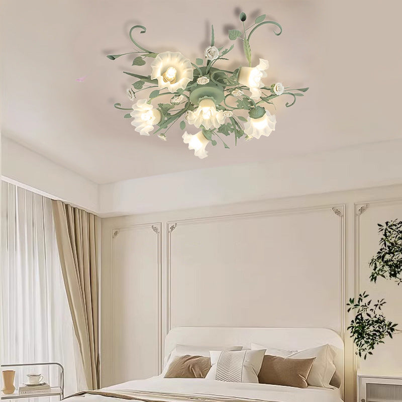 Traditional Rustic Leaf Floral Branch Glass Ceramic Iron 1/4/5/6/9 Light Semi-Flush Mount Ceiling Light For Living Room