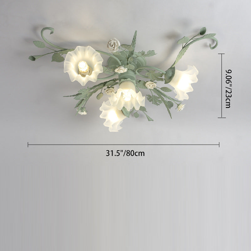 Traditional Rustic Leaf Floral Branch Glass Ceramic Iron 1/4/5/6/9 Light Semi-Flush Mount Ceiling Light For Living Room