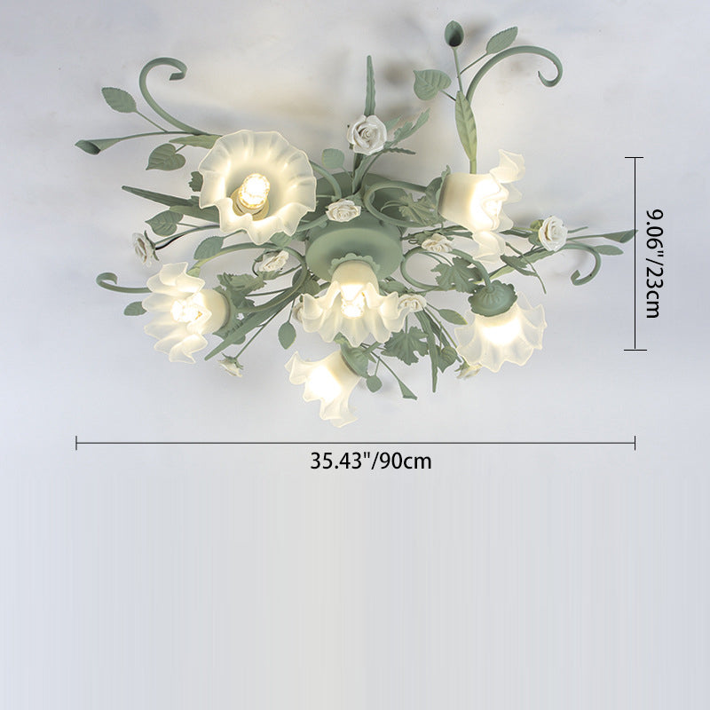 Traditional Rustic Leaf Floral Branch Glass Ceramic Iron 1/4/5/6/9 Light Semi-Flush Mount Ceiling Light For Living Room