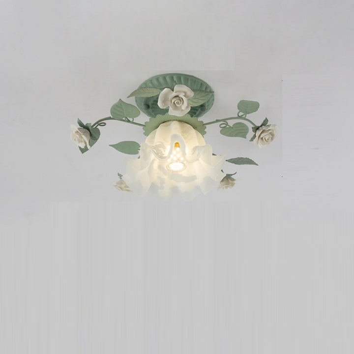 Traditional Rustic Leaf Floral Branch Glass Ceramic Iron 1/4/5/6/9 Light Semi-Flush Mount Ceiling Light For Living Room