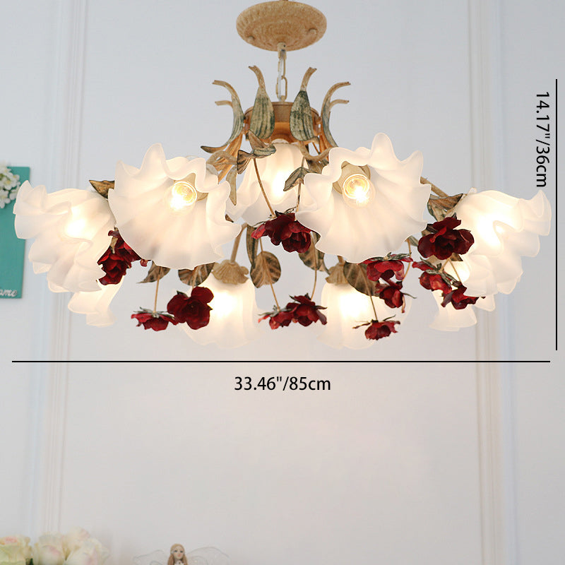 Traditionelle französische Rose Blume Blatt Glas Eisen 4/6/9 Licht Kronleuchter für Wohnzimmer 