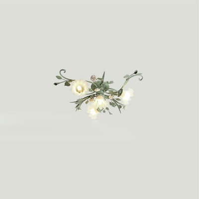 Traditional Rustic Leaf Floral Branch Glass Ceramic Iron 1/4/5/6/9 Light Semi-Flush Mount Ceiling Light For Living Room