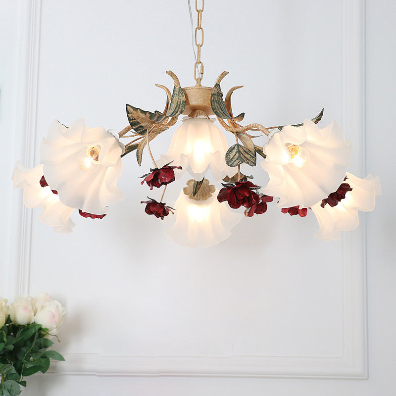 Traditionelle französische Rose Blume Blatt Glas Eisen 4/6/9 Licht Kronleuchter für Wohnzimmer 