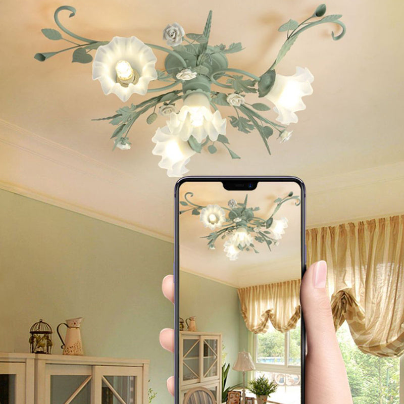 Traditional Rustic Leaf Floral Branch Glass Ceramic Iron 1/4/5/6/9 Light Semi-Flush Mount Ceiling Light For Living Room