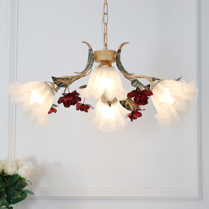 Traditionelle französische Rose Blume Blatt Glas Eisen 4/6/9 Licht Kronleuchter für Wohnzimmer 