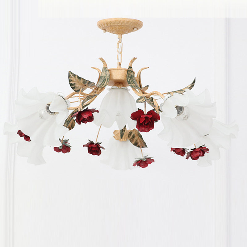Traditionelle französische Rose Blume Blatt Glas Eisen 4/6/9 Licht Kronleuchter für Wohnzimmer 