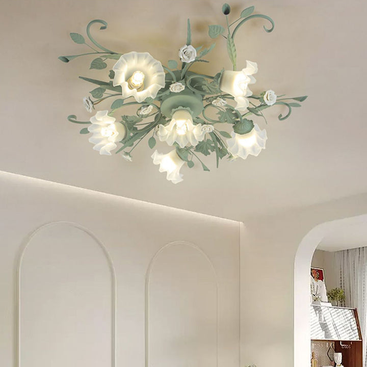Traditional Rustic Leaf Floral Branch Glass Ceramic Iron 1/4/5/6/9 Light Semi-Flush Mount Ceiling Light For Living Room